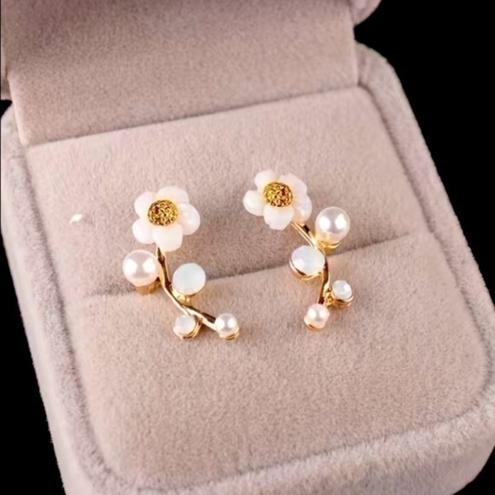 Gold Floral Pearl Ear Climbers - White Flower Earrings